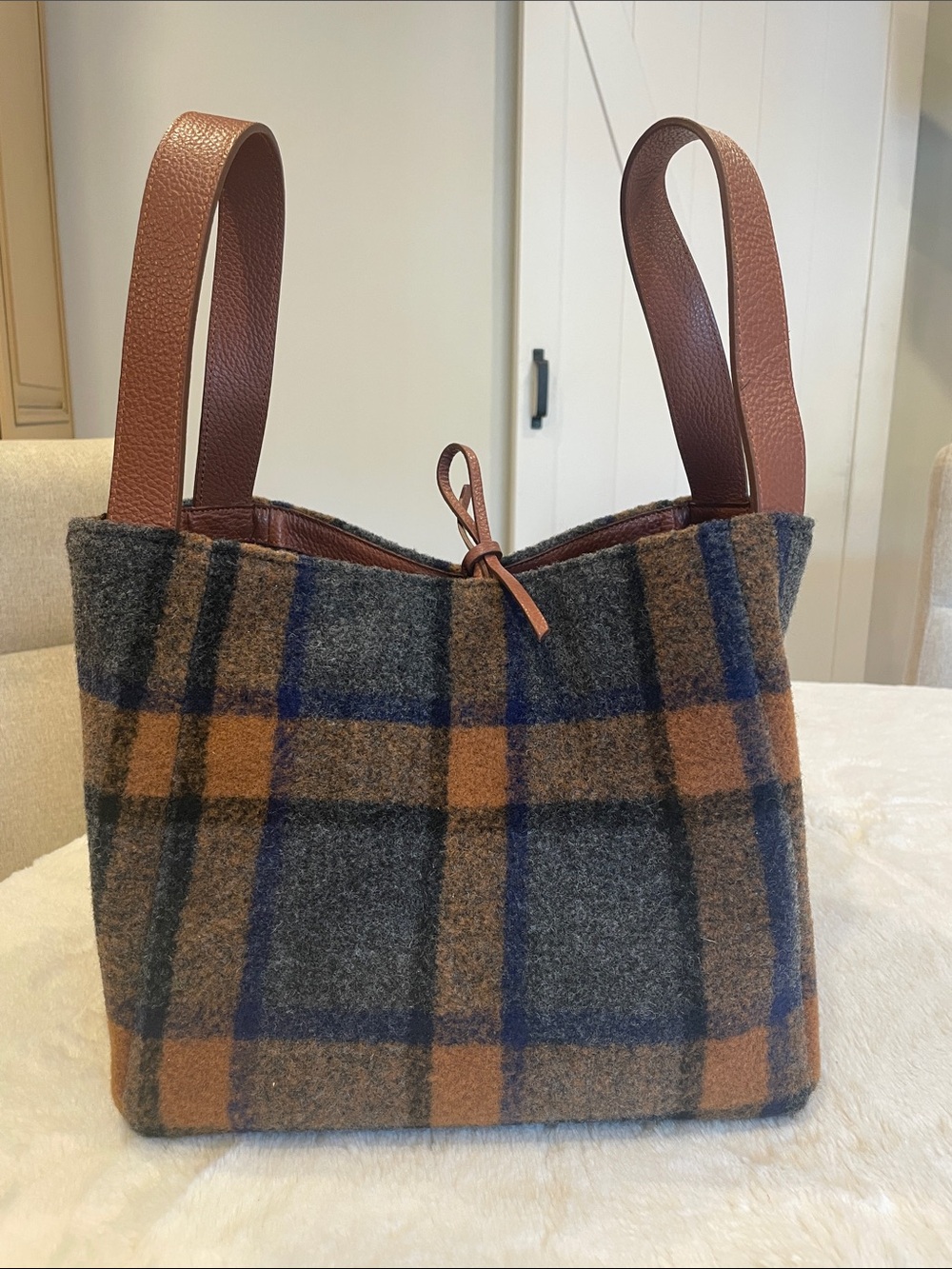Plaid Wool Tote Bag with Brown Leather Straps